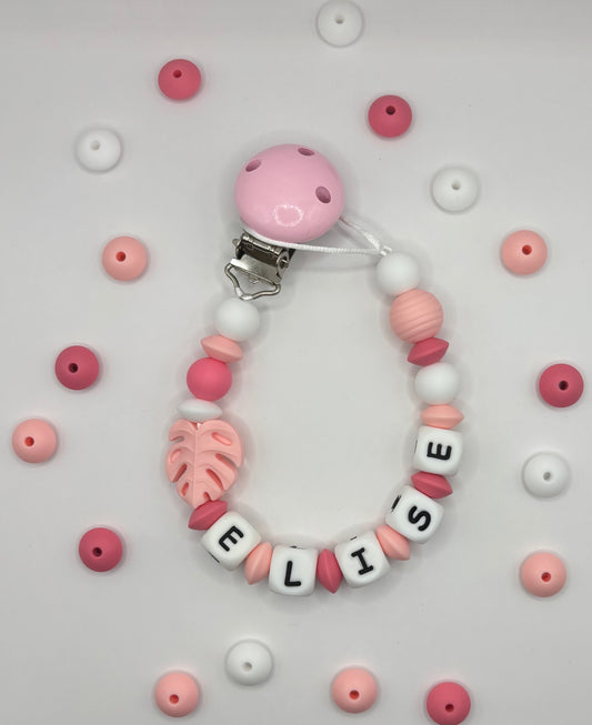 Attache tétine rose feuille Monster
